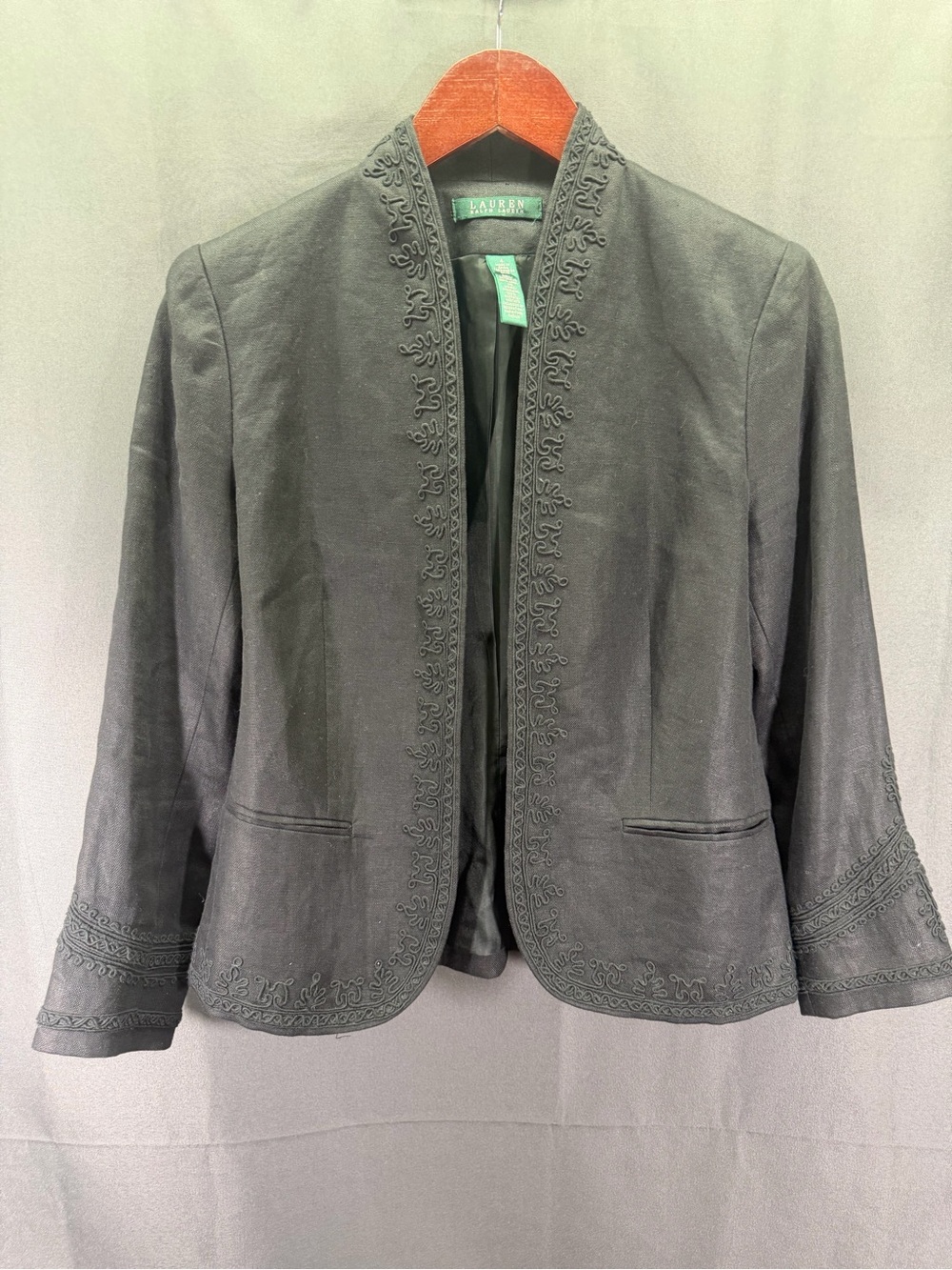 Ralph Lauren 100 Linen Black Blazer  Womens Size 4 Intricate Embroidery